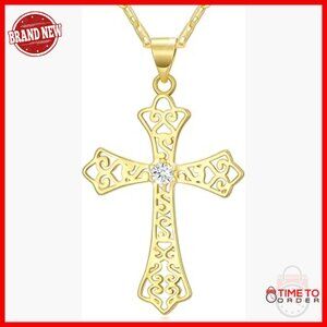 14K Gold Plated Cross Pendant Necklace with Cubic Zirconia 18 Inch Chain
